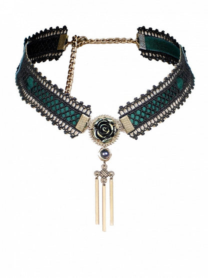 黒とダークグリーンのタッセル付きチョーカーレーススチームパンク