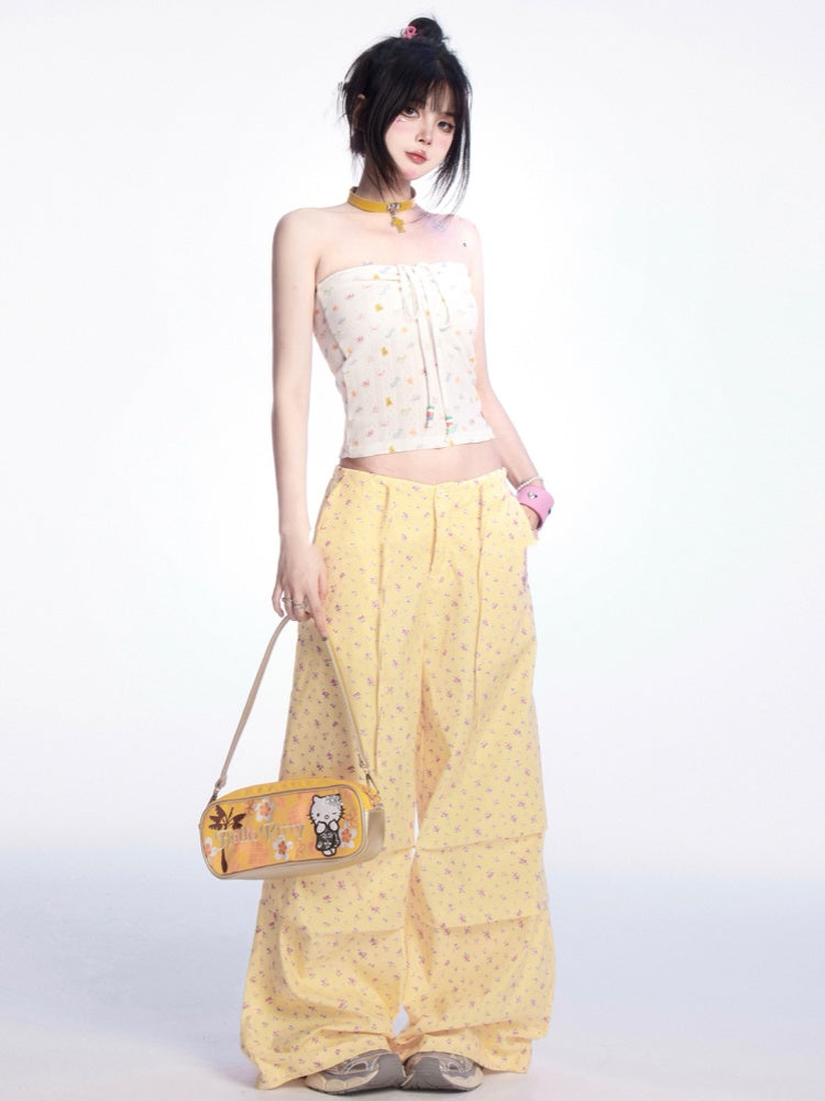 ライトイエローのドローストリングウエスト花柄ワイドレッグカジュアルパンツ