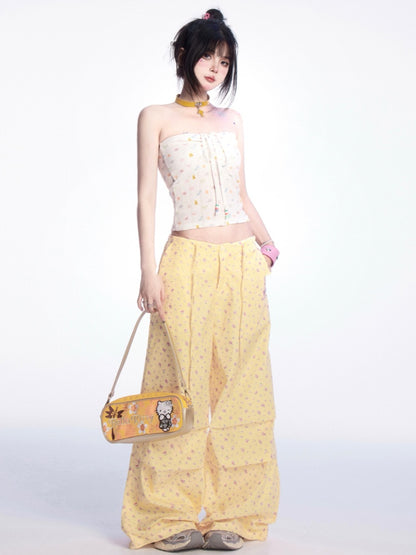 ライトイエローのドローストリングウエスト花柄ワイドレッグカジュアルパンツ
