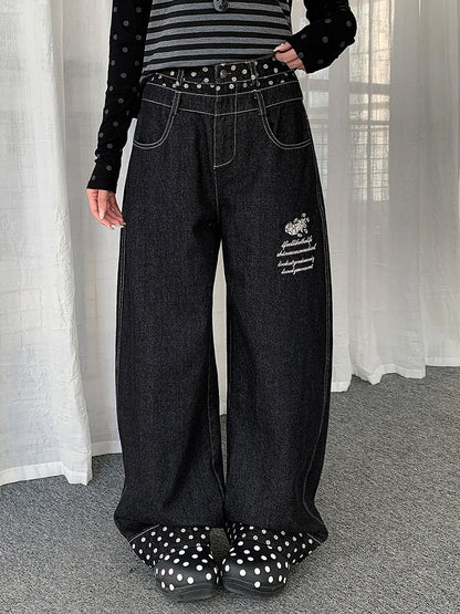 Black Curved Wide Leg Jeans with Polka Dot Details - Solkatt