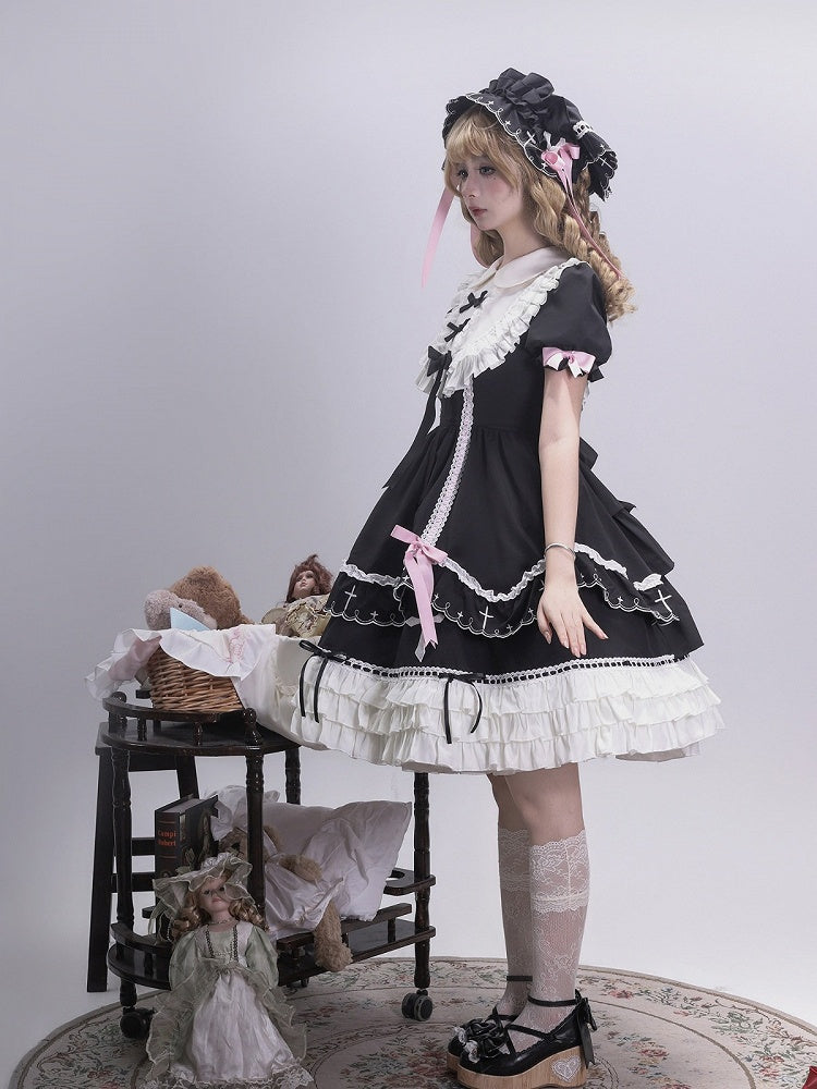 Short Sleeve Peter Pan Collar Lolita OP with Cross & Bow Accents in Black & Pink - MUYU