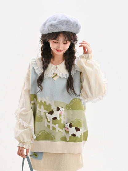 グリーン牧草地牛柄ニットベスト