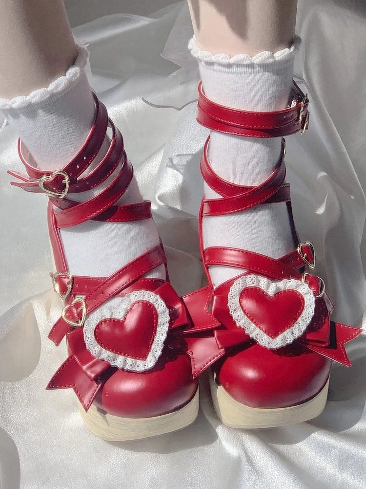 - Bow Red Sole Round Pattern Janes Toe Detachable 6.5cm Shoes Heart with Mary Platform Wood