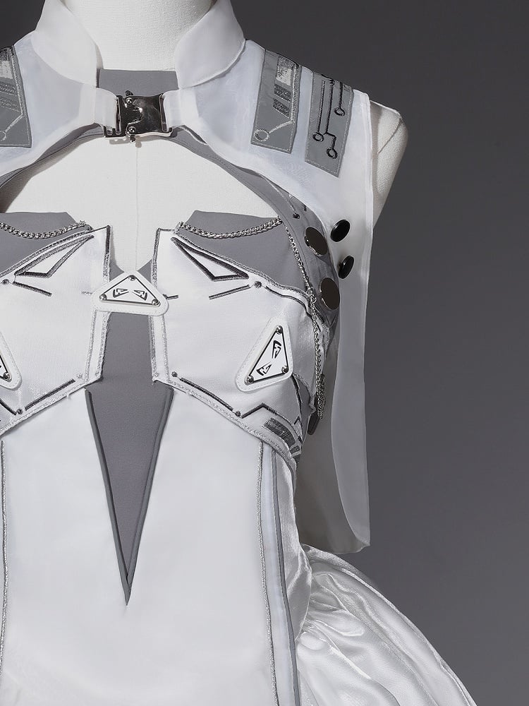 Cyberpunk White Bubble Dress and Cropped Vest Set - Xiong Dou Jiang