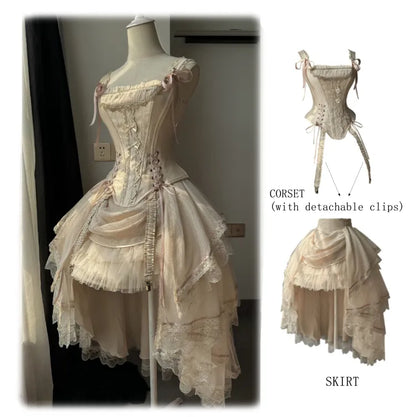 シャンパンレースアップディテールボーンコルセットトップ+ハイローレイヤードロリータスカートBE002