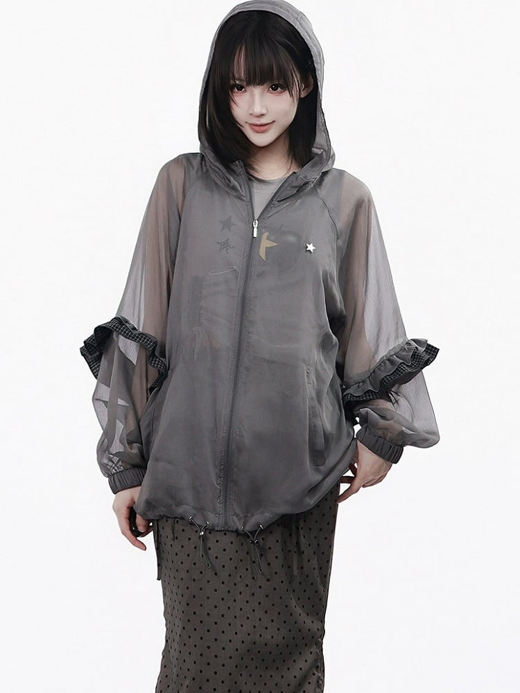 Gray Chiffon Hooded Jacket with Plaid Ruffle Hem - PINK SAVIOR