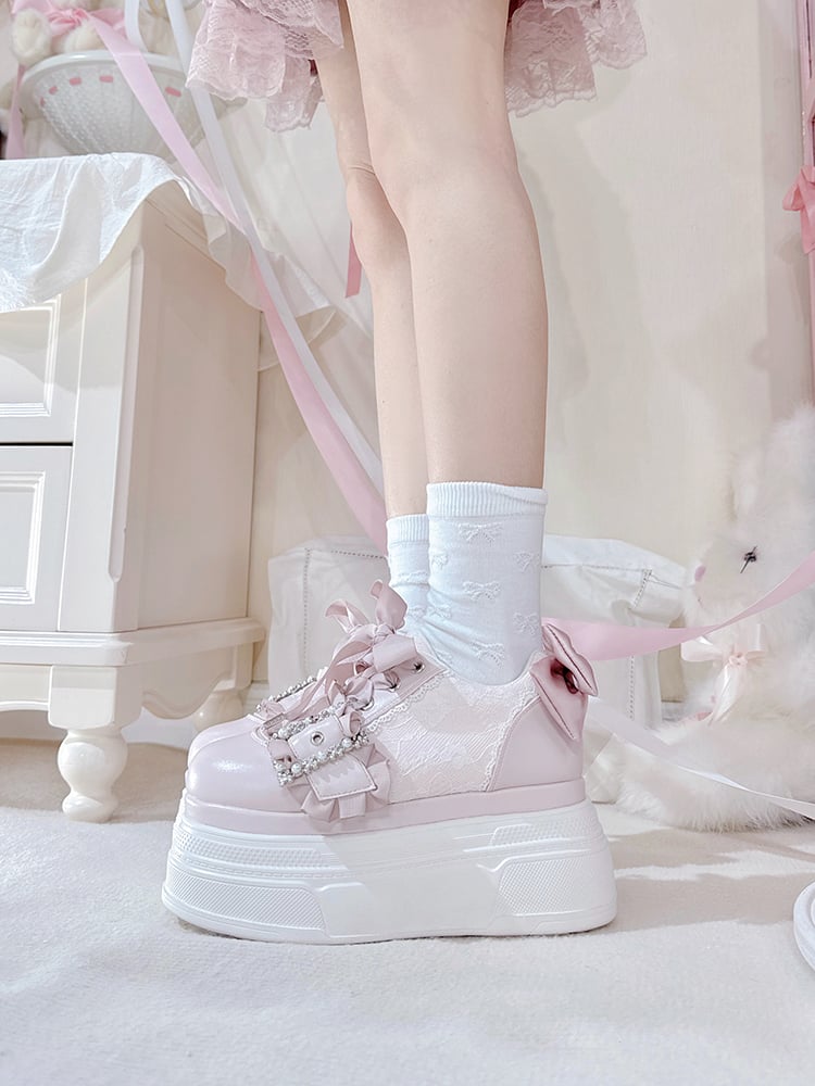 Platforms Kei Design Bow Pink Jirai Beaded Buckle Shoes Accents