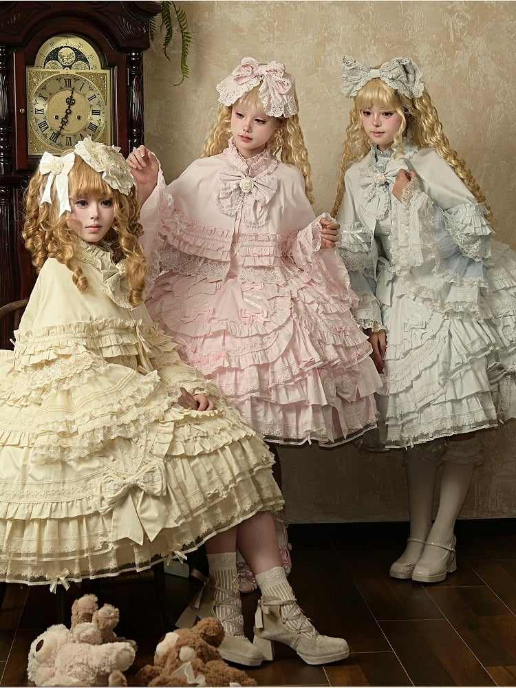 and Red Wine Beige Ruffle / Blue Accent Lace Cape Pink