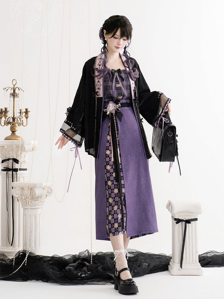 Black Morden Hanfu Elements Moon Rabbit Embroidery Outerwear with Lace & Bowknots - Luo Xiu Dong Xiang