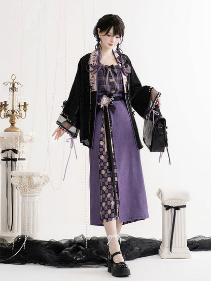 Black Morden Hanfu Elements Moon Rabbit Embroidery Outerwear with Lace & Bowknots - Luo Xiu Dong Xiang