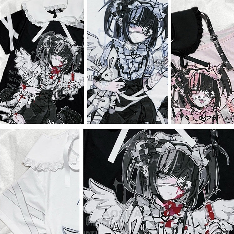 Dark with Cute Pan Anime Kawaii Detachable Yami Collar Print / Peter T-shirt: Cotton White Pink