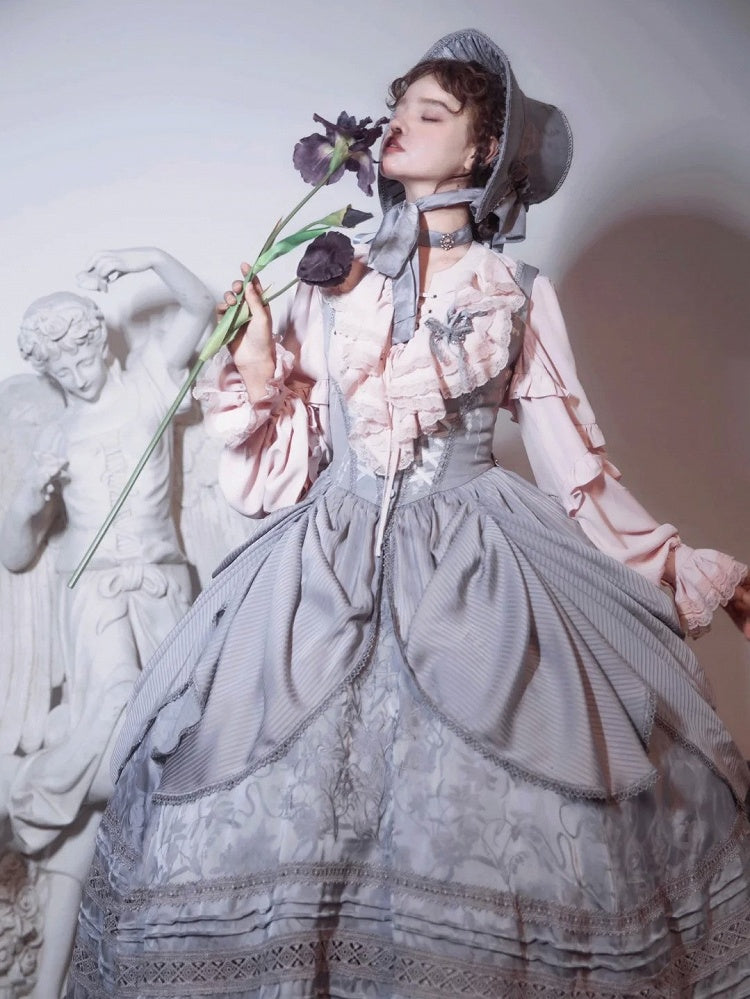 Sleeves Front Long Pink with Blouse Lace-Up Ruffled