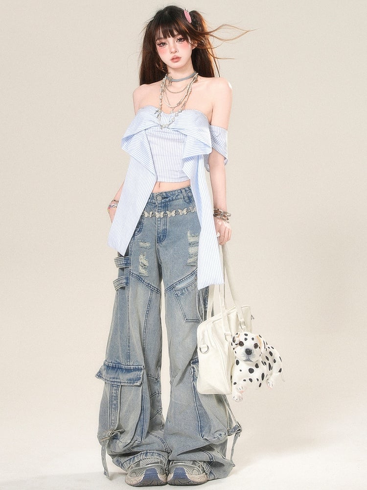 Striped Neckline Glamorous Top Blue Big Bow Cropped