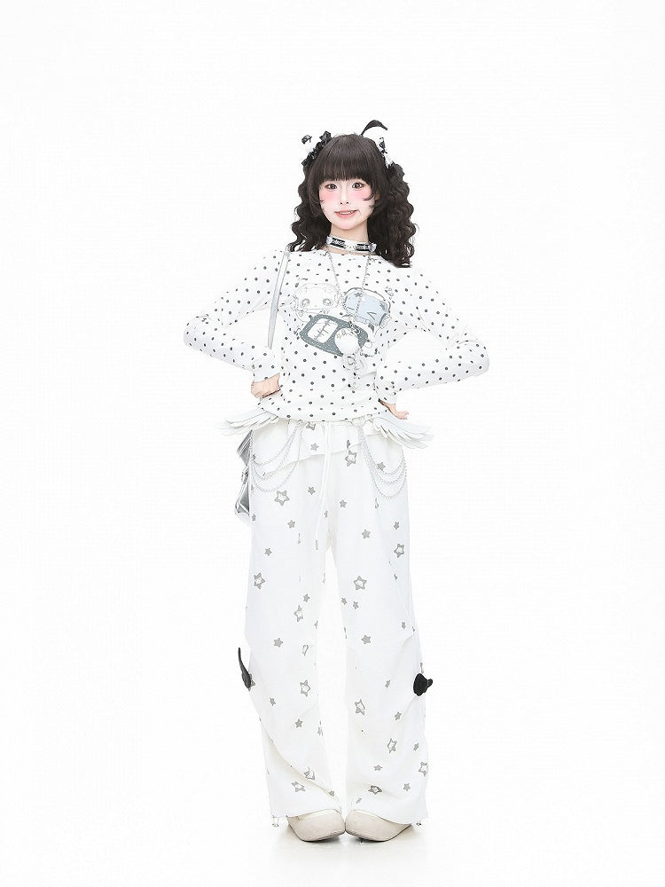 Y2K White Long Sleeve T-Shirt with Polka Dot and Cartoon Print - Languid Park