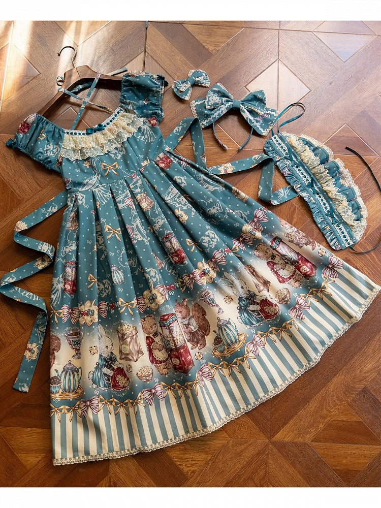 Teal Halter Lolita OP Dress with Popcorn Bear Print, Long/Short Version - Sweet Dream