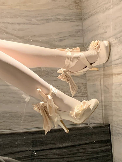 Champagne Rose Theme Lolita Shoes with Lace-up Design - 9.5cm High Heel - Cheese Mango