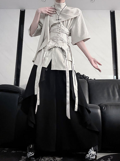 Wide-Leg Black with High-Waisted Lolita Ruffle Trim Ouji Pants Skirt