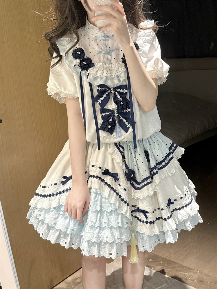 and White Banded Lolita Han Accents Blue Flower Collar Bow Dress with Puff Sleeves