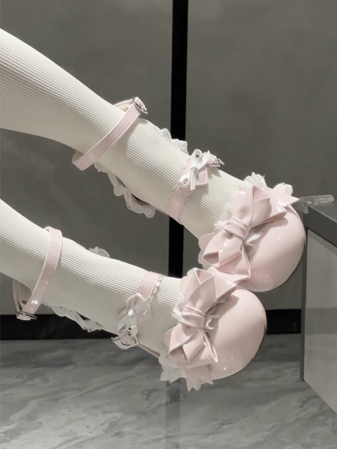 Trim Bow Round Lolita - Low Top at Toe Heels Pink Light Shoes Sweet Lace