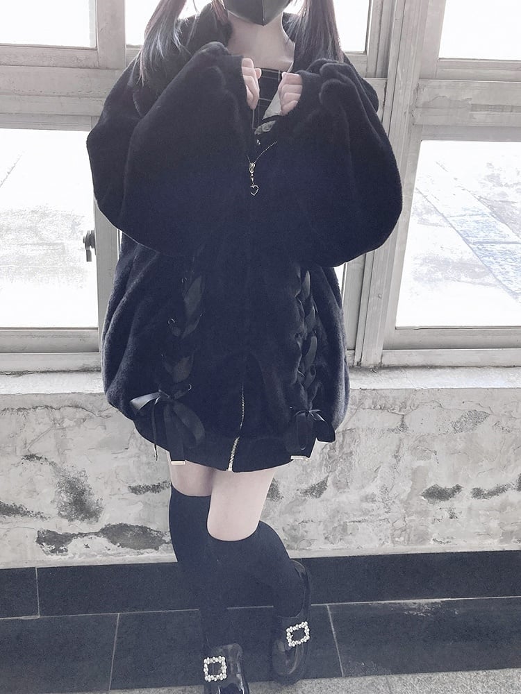 Style Lace-Up Plush Kei Hood Coat Coat: Front Bow Jirai Black with Full-Zip Bunny-Ear