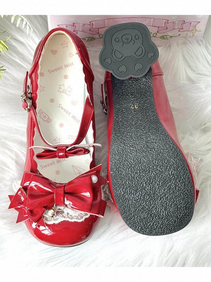 Kawaii 5cm Bear Pattern Heel Red Round Toe Shoes with Bell Pendant & Bowknot Accents