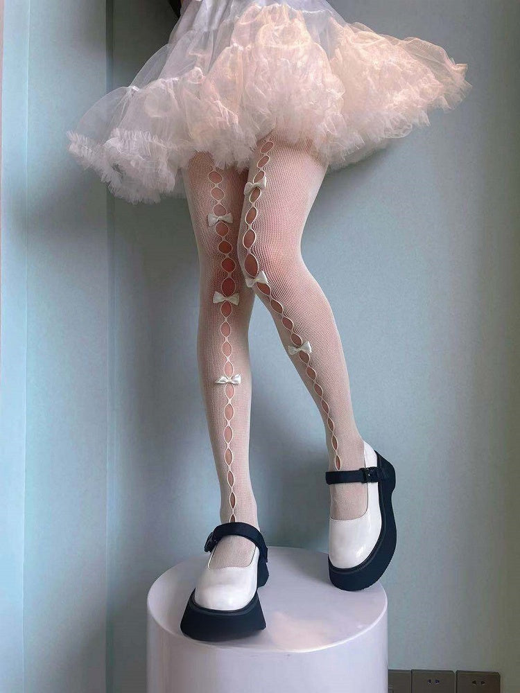 ホワイト ブラック セミシースルー 蝶結び カットアウト ロリータ ストッキング