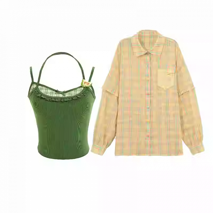 チェックシャツセット グリーンフェイクツーピースキャミソールトップ（イエロー）