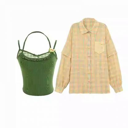 チェックシャツセット グリーンフェイクツーピースキャミソールトップ（イエロー）