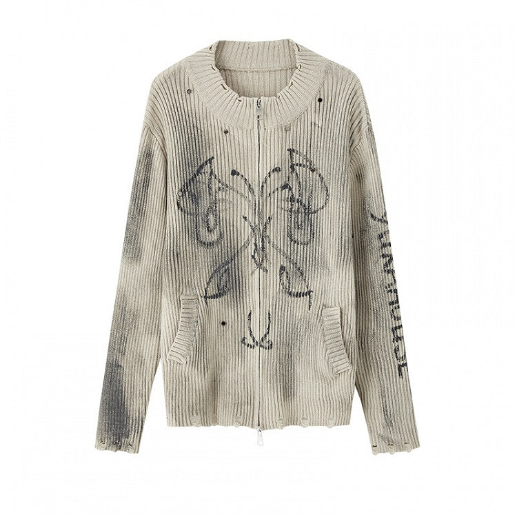 Khakifarbener Strickpullover mit Zwei-Wege-Reißverschlussleiste im Used-Look Wasteland Punk