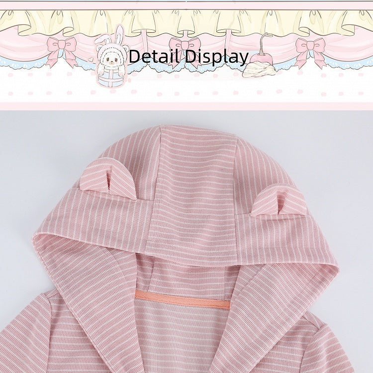 Pink Striped Hooded Jacket with Bear Embroidery & Fitted Silhouette - serendipity