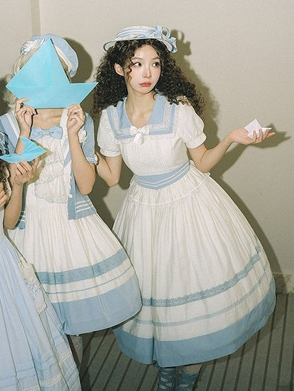 Lace Milk White Sailor Dress Puff Sleeves and Trim Collar Lolita with Light Blue