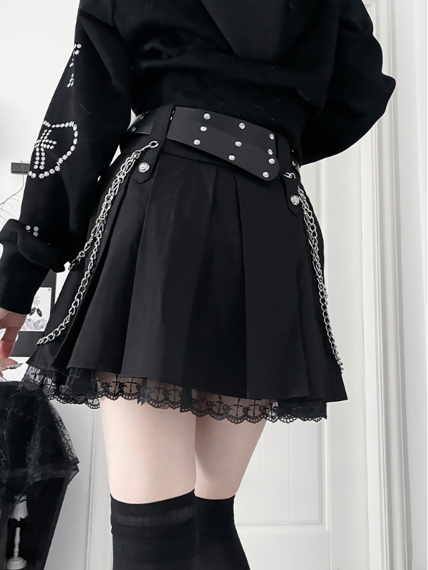 Motif Black Gothic ChainsCross Metal Hem Lined Skirtwith Lace Side