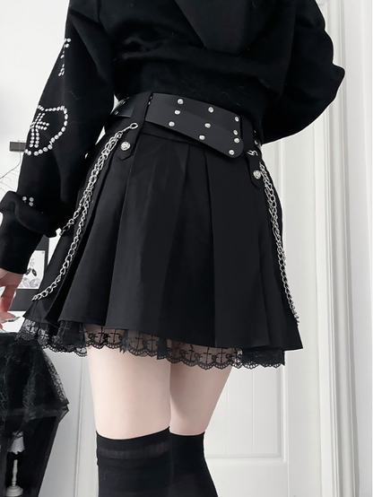 Motif Black Gothic ChainsCross Metal Hem Lined Skirtwith Lace Side