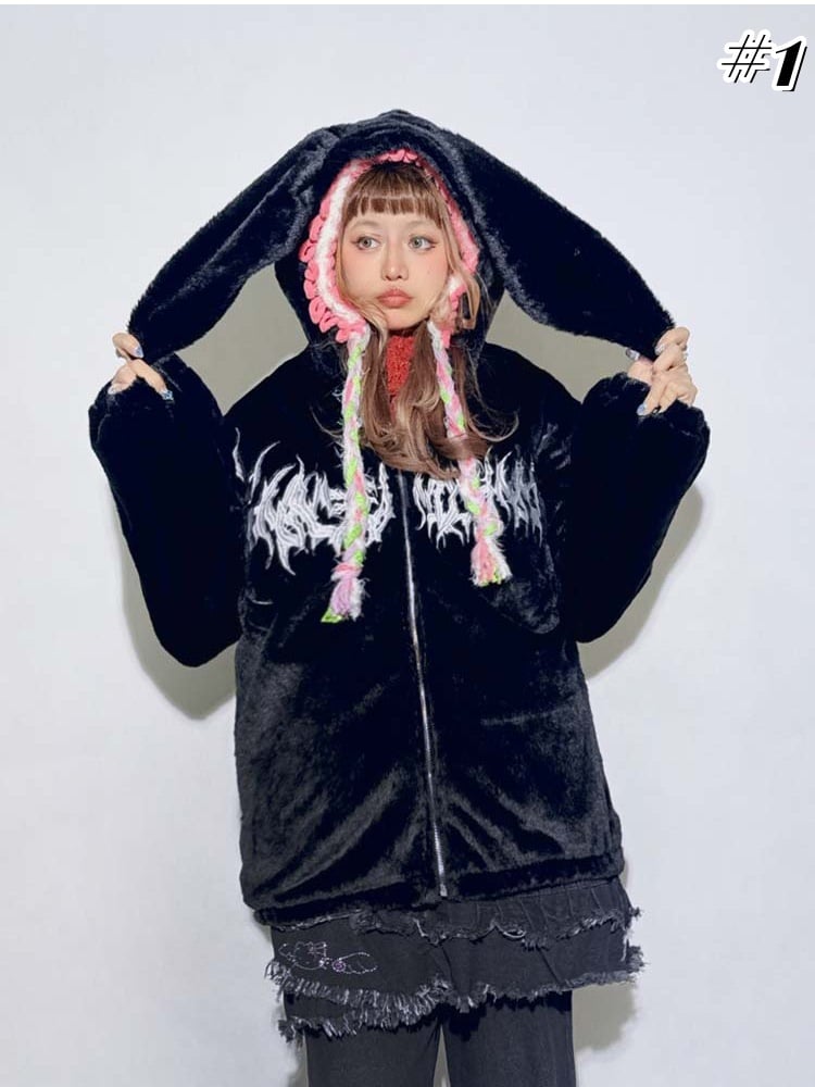 Pastell Punk Hase/Kätzchen Ohren Kapuze Plüschmantel