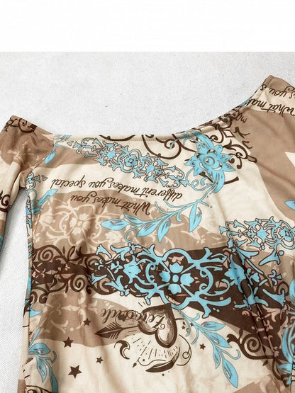 Print Cascading Asymmetrical Accents Ruffle Design Khaki Neckline