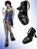 PU Punk Crisscross Details Janes Black Studded High-heel Straps Square Toe with Mary -