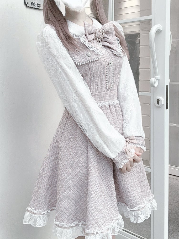 Pink Beadwork Detailed Tweed Dusty Jirai - Kei Dress