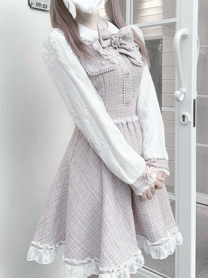Pink Beadwork Detailed Tweed Dusty Jirai - Kei Dress