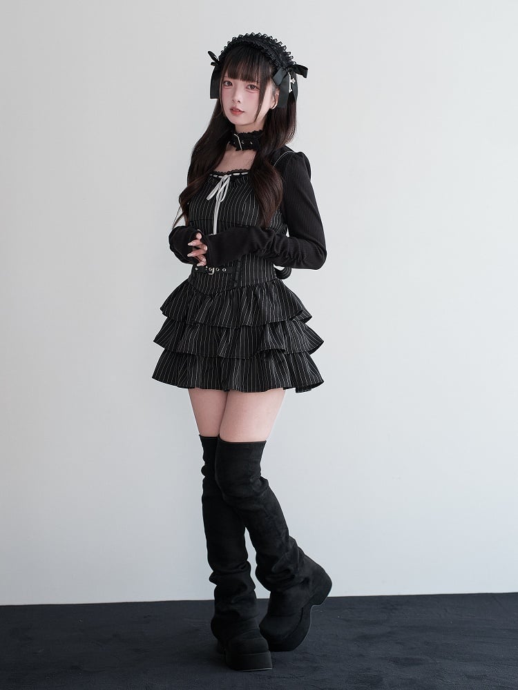 Jirai Black Dress Ruffled Suspender Multi-Layer Kei Striped