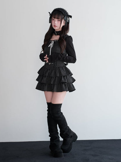 Jirai Black Dress Ruffled Suspender Multi-Layer Kei Striped