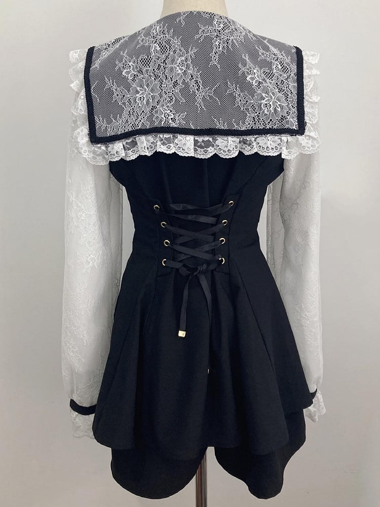 Mini Full Lace Set: Mesh Dress with Long Collar Jirai Black Sailor Sleeves Kei