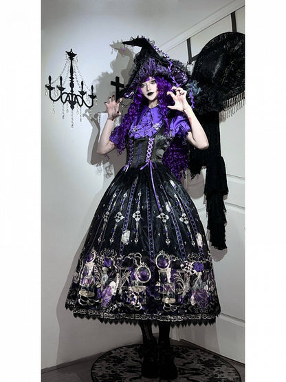 Purple Rosette and Skull Print Gothic Lolita Corset Under Bust JSK Dress - Sweetheart Love Song