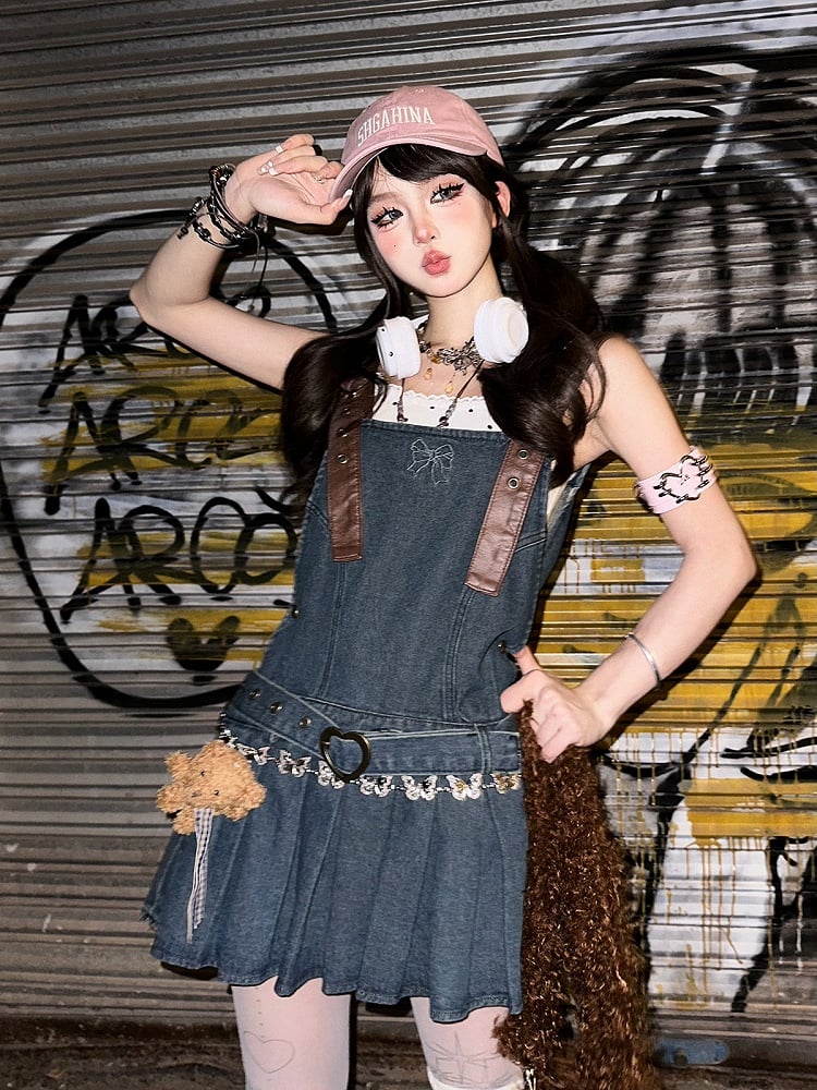 Pleat Skirt Bittersweet Blue Denim Overall Dress Box with Heart-Shaped Buckles