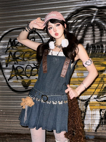 Pleat Skirt Bittersweet Blue Denim Overall Dress Box with Heart-Shaped Buckles