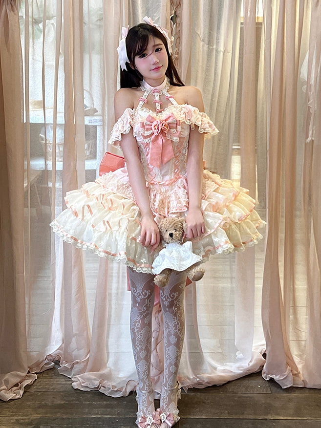 Rosa Kleid Rüschen Korsett Fee Prinzessin Spitze Kei Neckholder Stufenhals Taille Rock