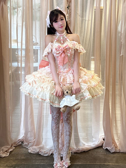 Rosa Kleid Rüschen Korsett Fee Prinzessin Spitze Kei Neckholder Stufenhals Taille Rock