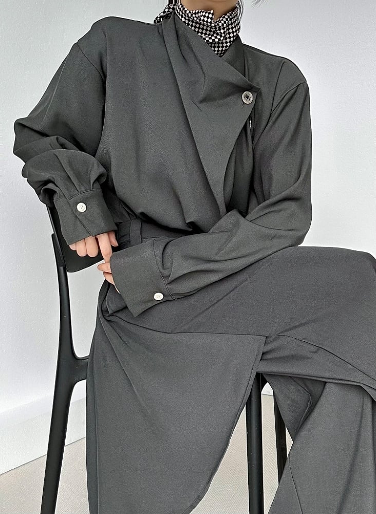 Gray Draped Fly Ouji High-Waisted with Panel Pants Wide-Leg Three-Button Lolita