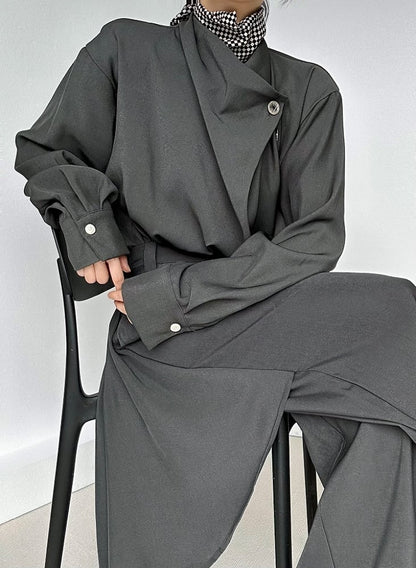 Gray Draped Fly Ouji High-Waisted with Panel Pants Wide-Leg Three-Button Lolita