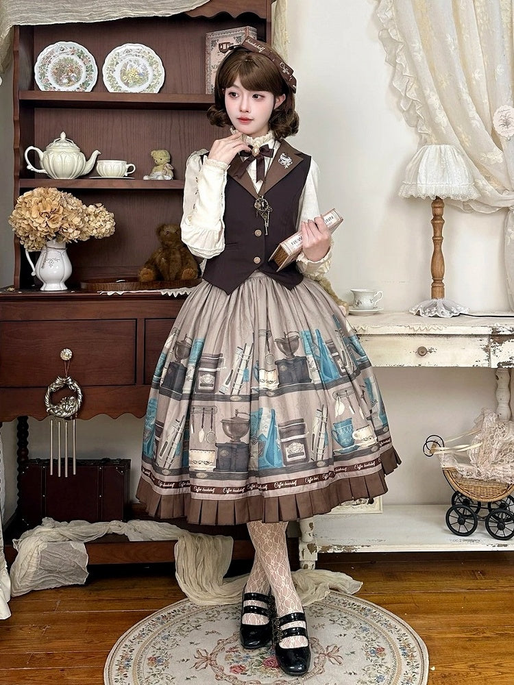 Gray Brown Coffee Cup Bookshelf Print Elegant Skirt Ruffled Hem - Dream Whale