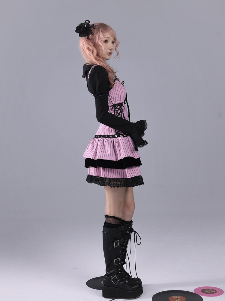 Pink Stripes & Black Hime Gyaru Tiered Dress with Lace-Up Sides